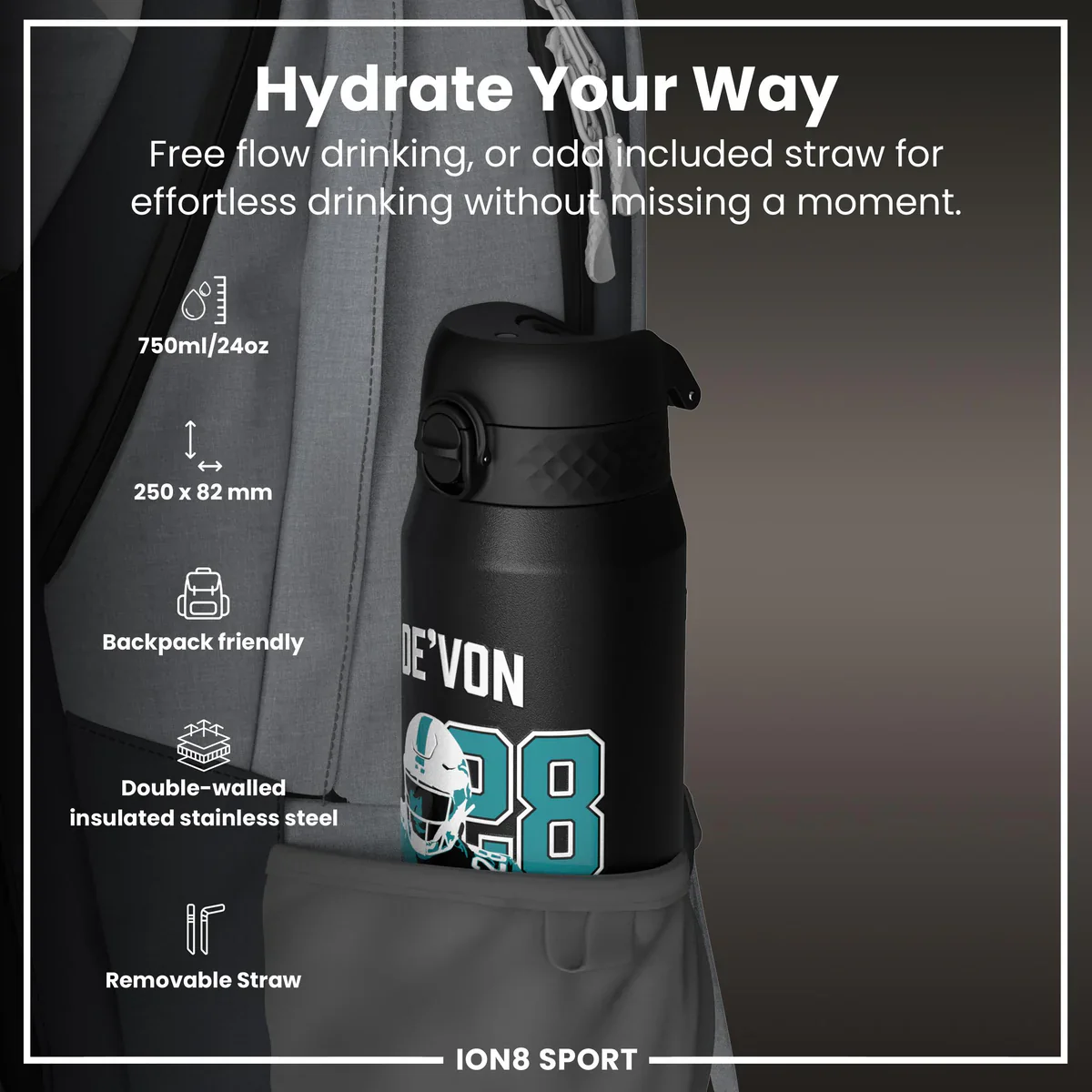 NFL x ION8 - De'Von Achane Insulated Water Bottle - 750ml - Image 2