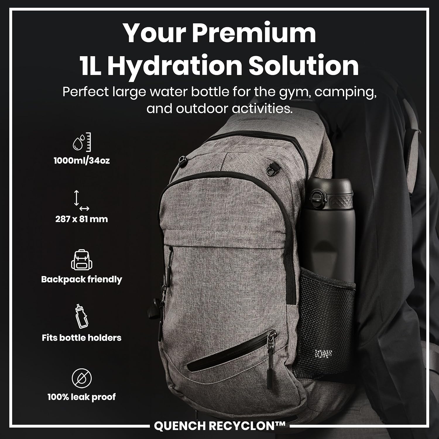 Ion8 Quench 1 Litre Water Bottle, Leak Proof, Flip Lid, Carry Handle, Rapid Liquid Flow, Dishwasher Safe, BPA Free, Soft Touch Contoured Grip, Ideal for Sports and Gym, Carbon Neutral, 32 oz, Black - Image 2