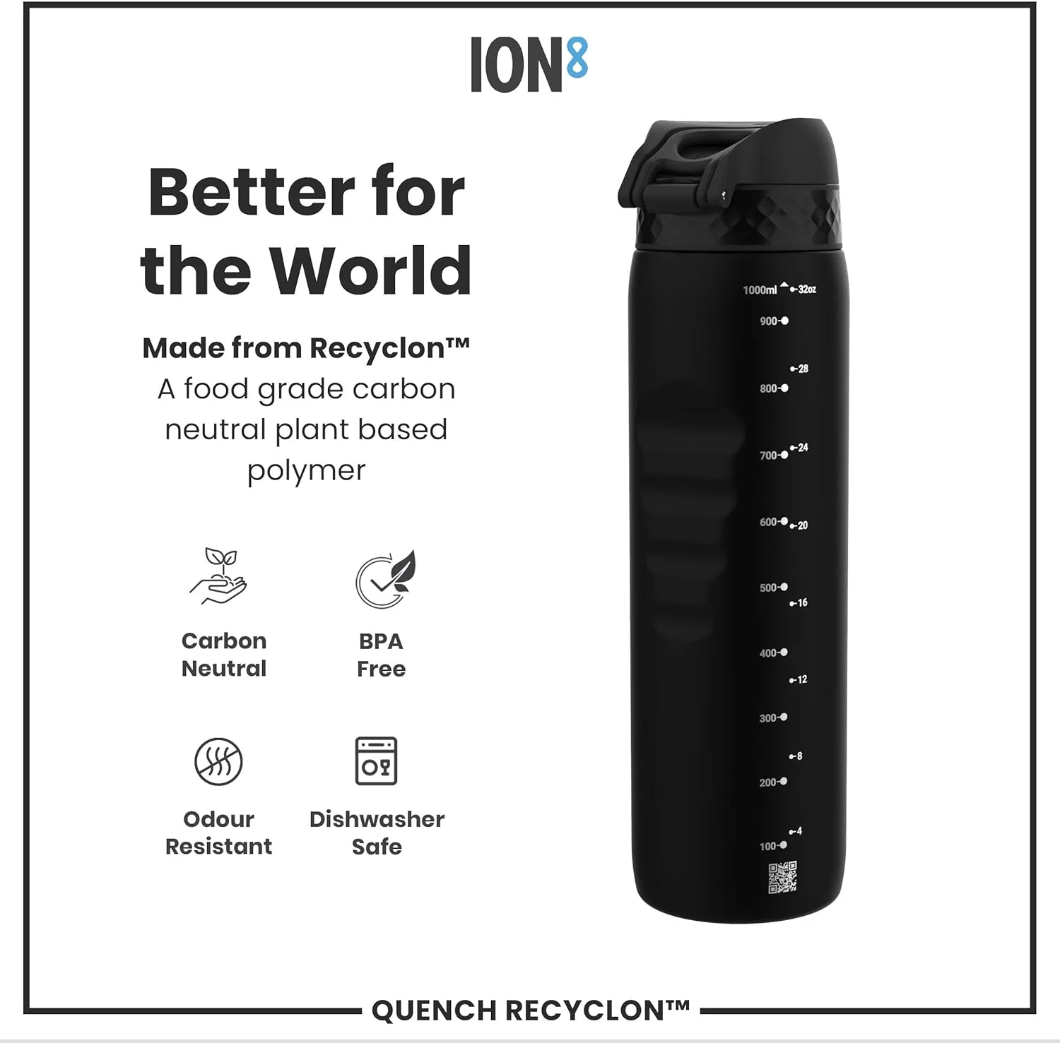 Ion8 Quench 1 Litre Water Bottle, Leak Proof, Flip Lid, Carry Handle, Rapid Liquid Flow, Dishwasher Safe, BPA Free, Soft Touch Contoured Grip, Ideal for Sports and Gym, Carbon Neutral, 32 oz, Black - Image 5