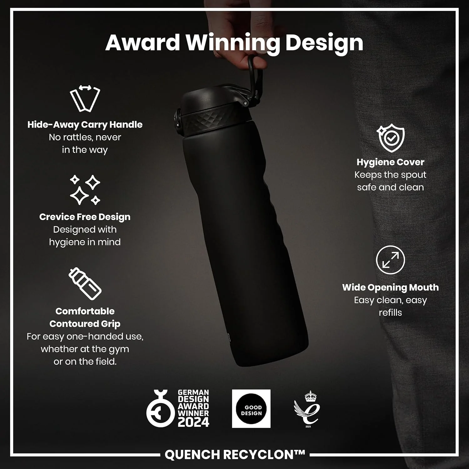 Ion8 Quench 1 Litre Water Bottle, Leak Proof, Flip Lid, Carry Handle, Rapid Liquid Flow, Dishwasher Safe, BPA Free, Soft Touch Contoured Grip, Ideal for Sports and Gym, Carbon Neutral, 32 oz, Black - Image 6