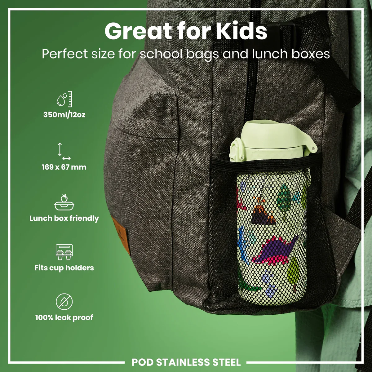 Insulated Stainless Steel Pod 13oz- Light Yellow Dinosaurs - Image 2