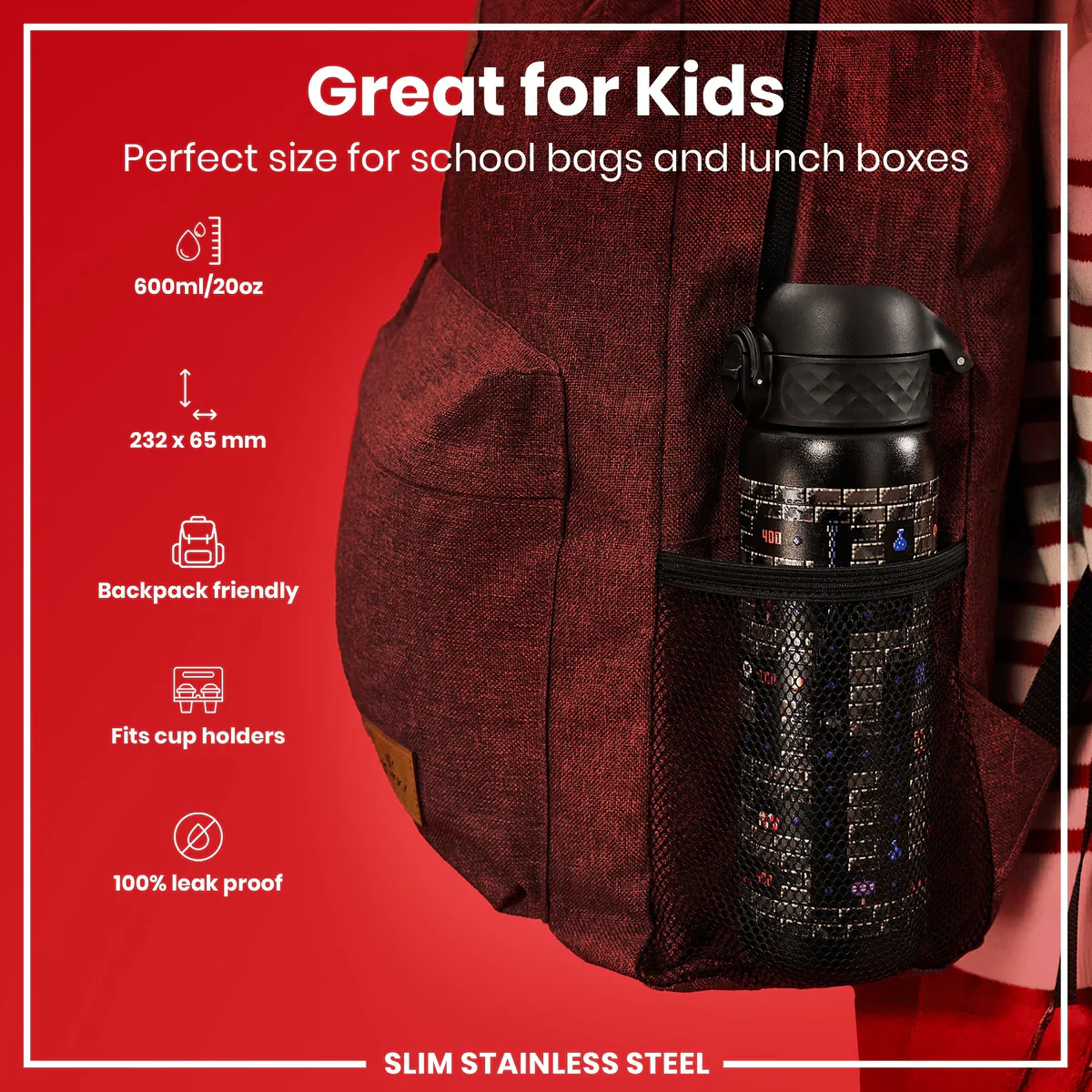 Leak Proof Slim Water Bottle Lightweight Stainless Steel 20oz- Gaming - Image 2