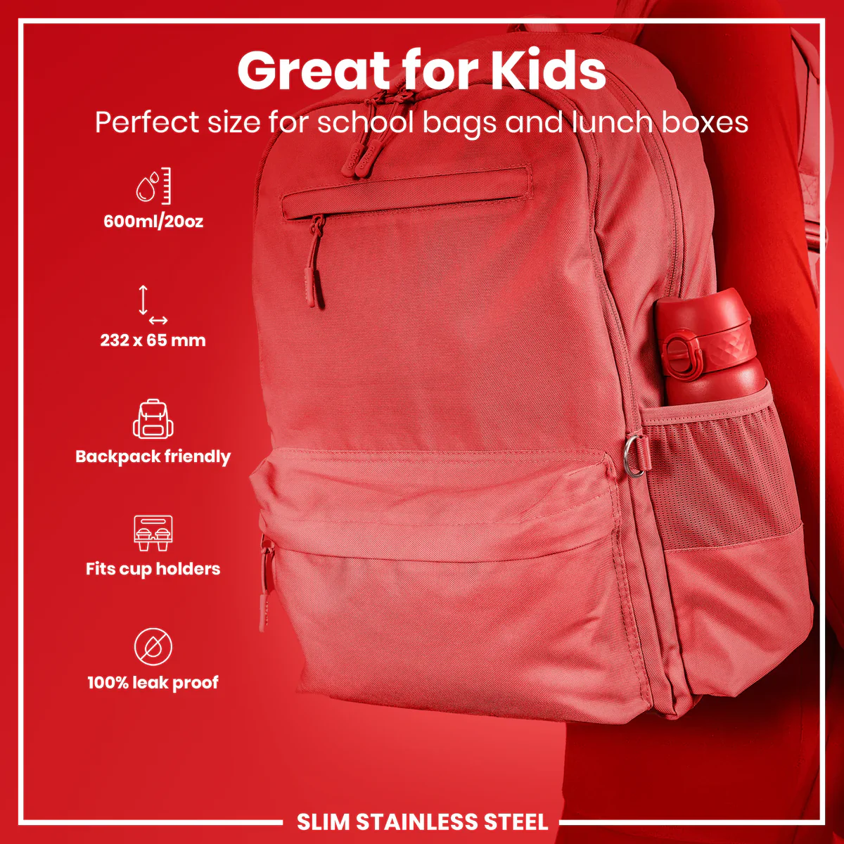 Leak Proof Slim Lightweight Stainless Steel 20oz- Red - Image 7