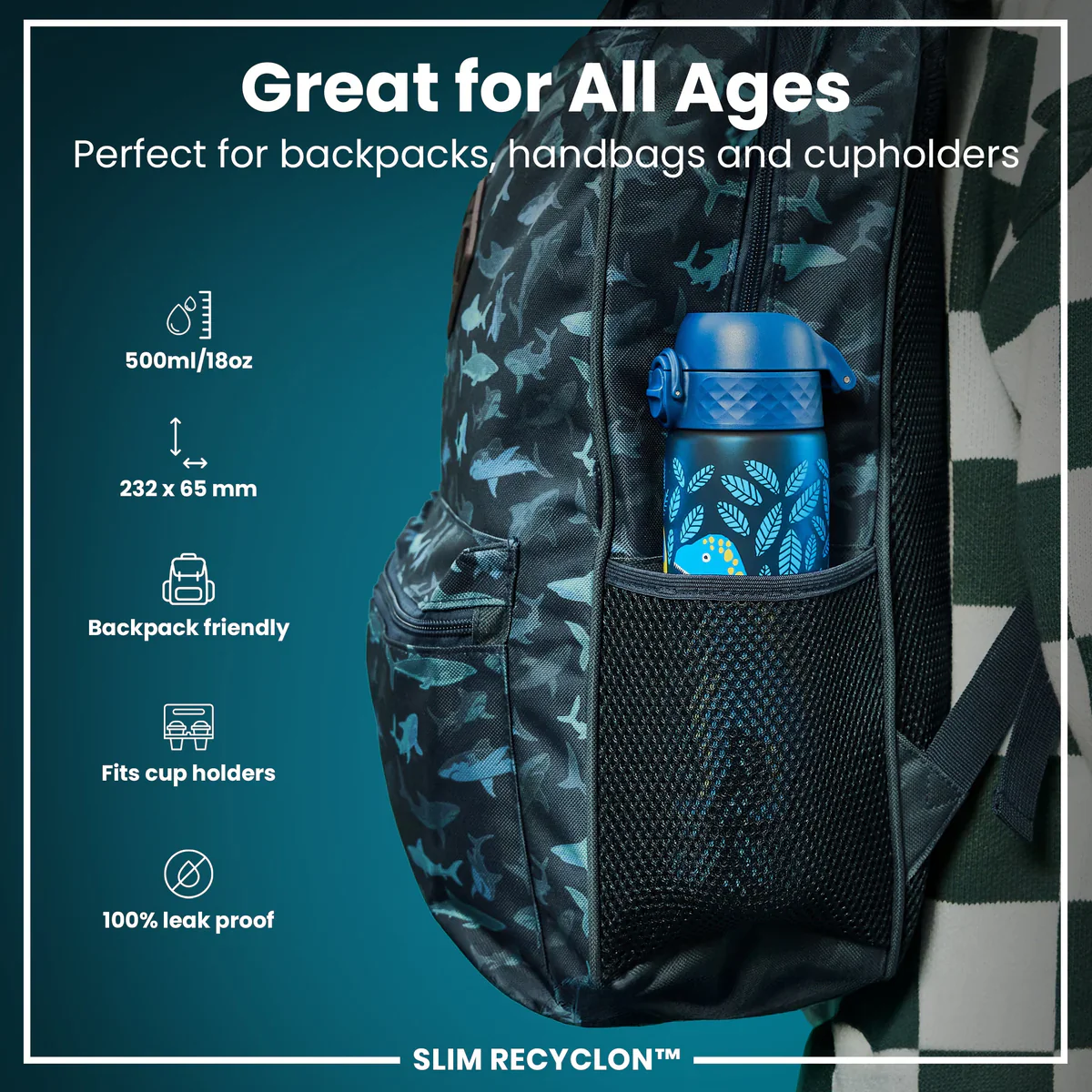 Slim Recyclon 18oz- Deep Teal Dinosaur - Image 2