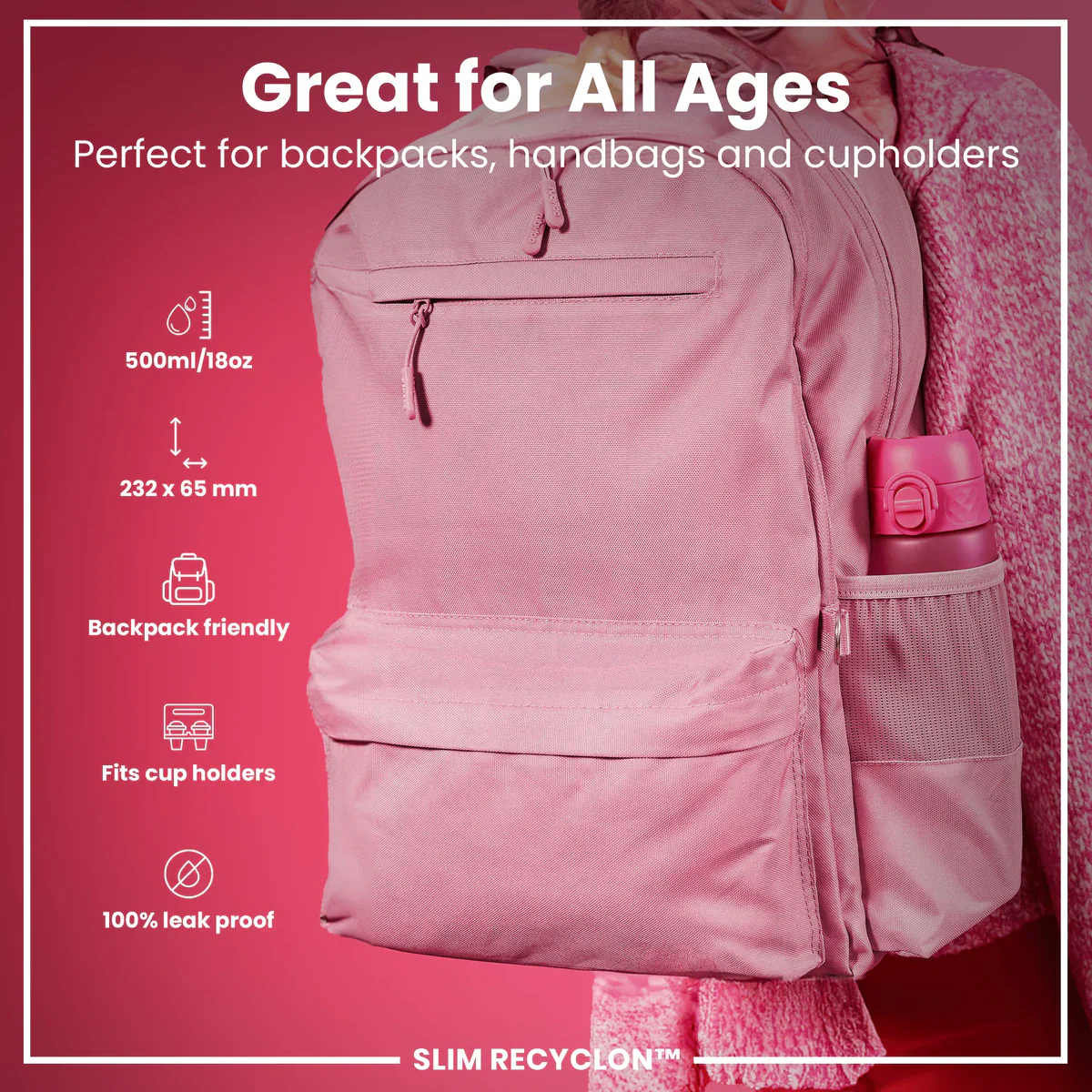 Slim Recyclon 18oz- Hot Pink - Image 2