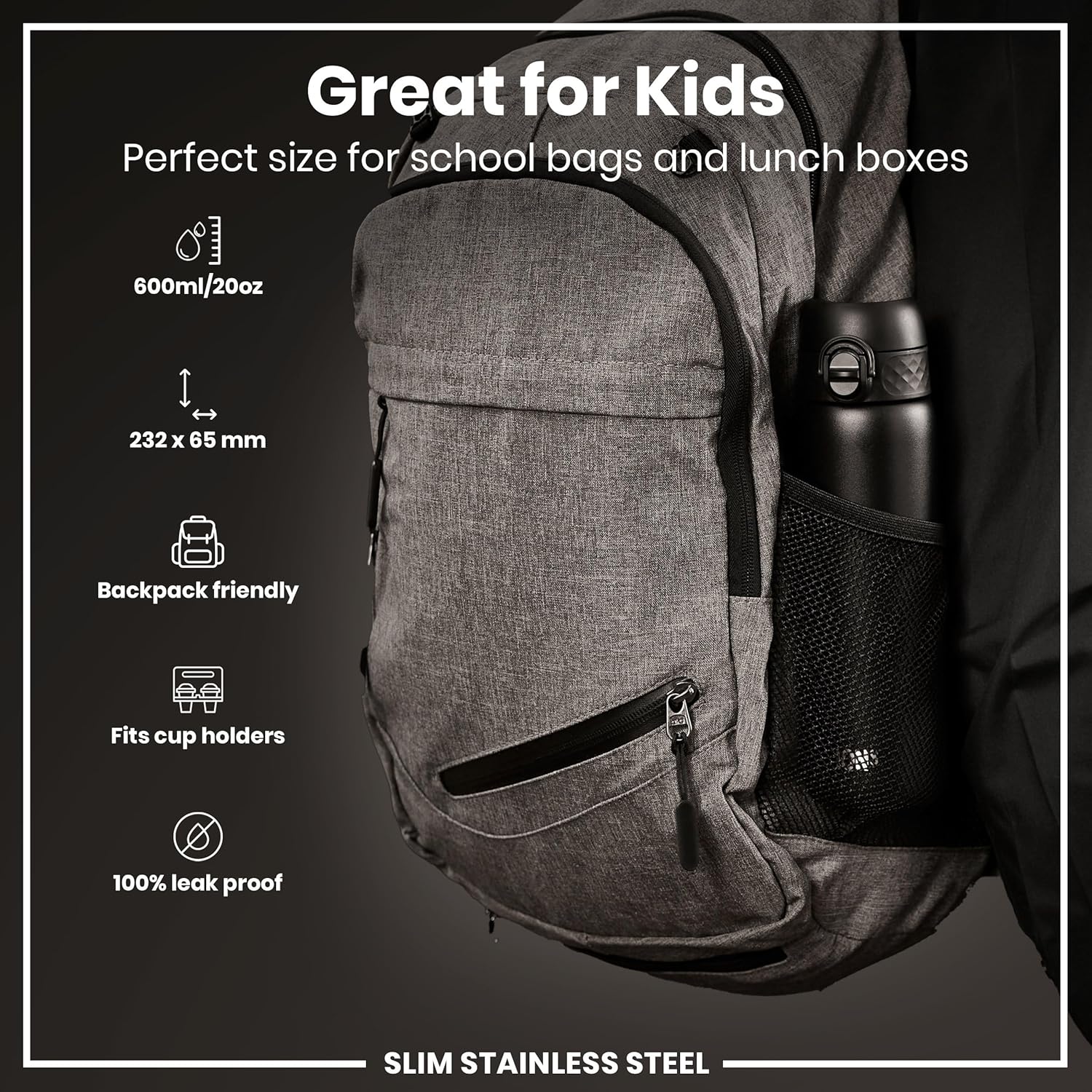 Slim Lightweight Steel Water Bottle 600 ml/20 oz Black - Image 4