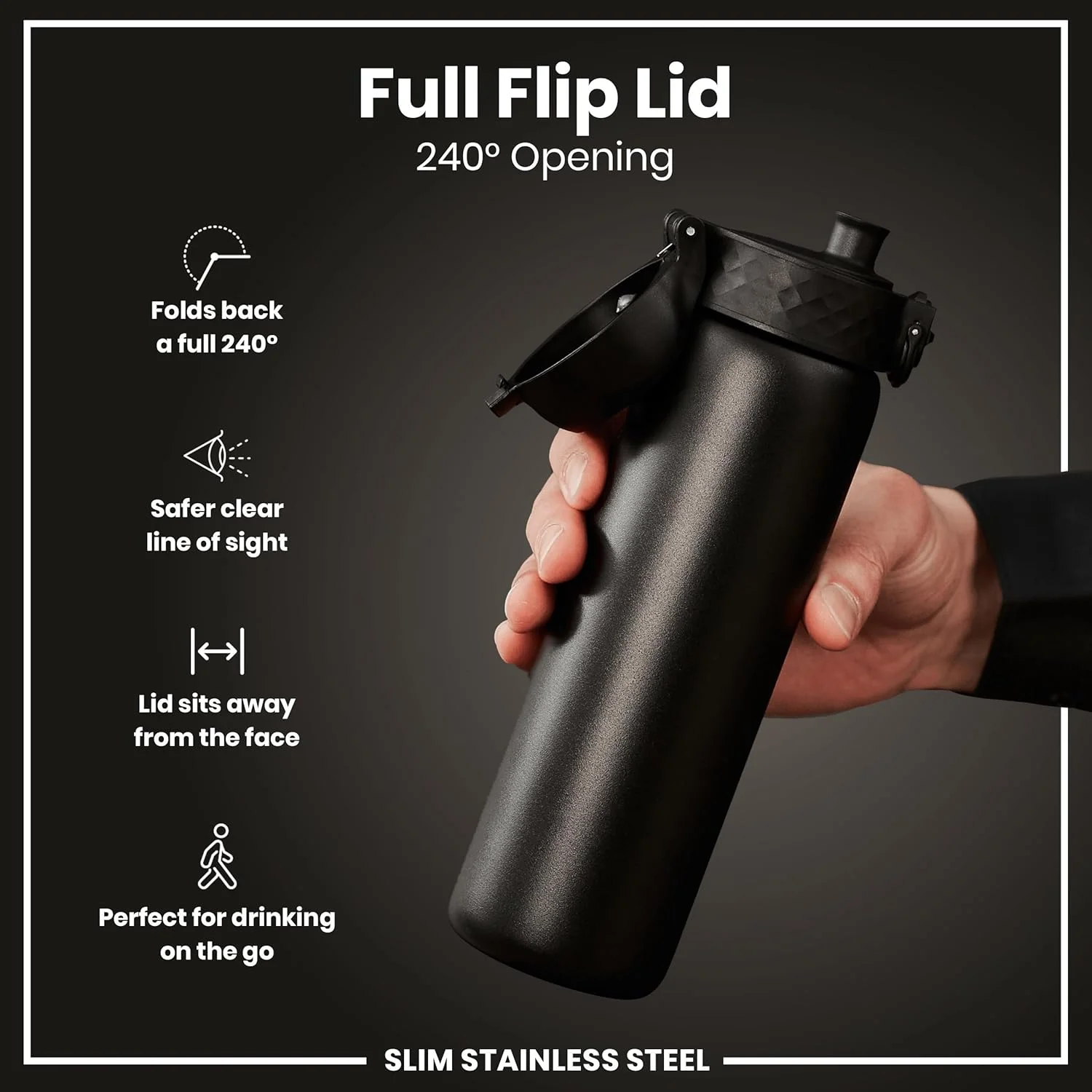 Slim Lightweight Steel Water Bottle 600 ml/20 oz Black - Image 6