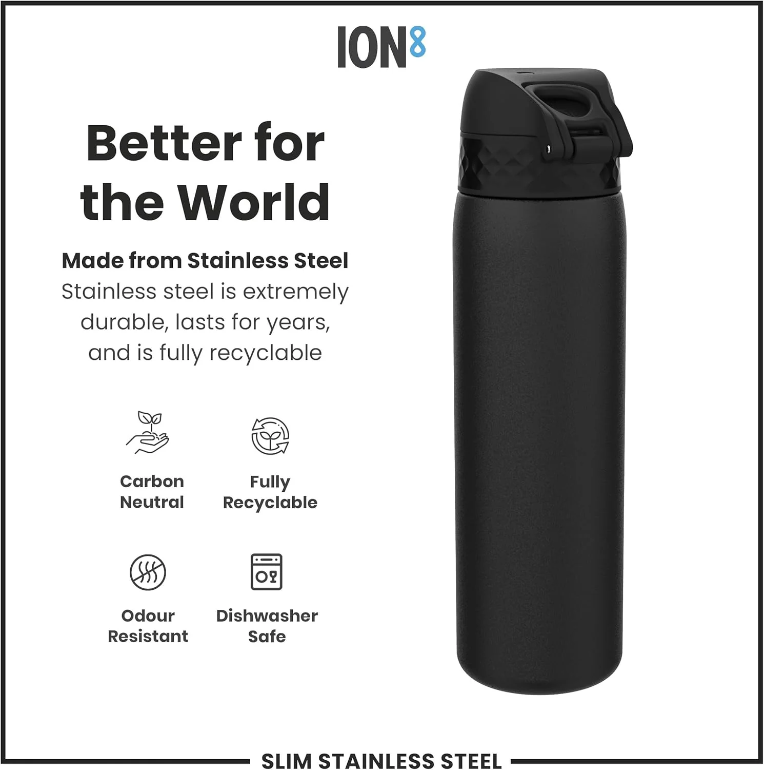 Slim Lightweight Steel Water Bottle 600 ml/20 oz Black - Image 7