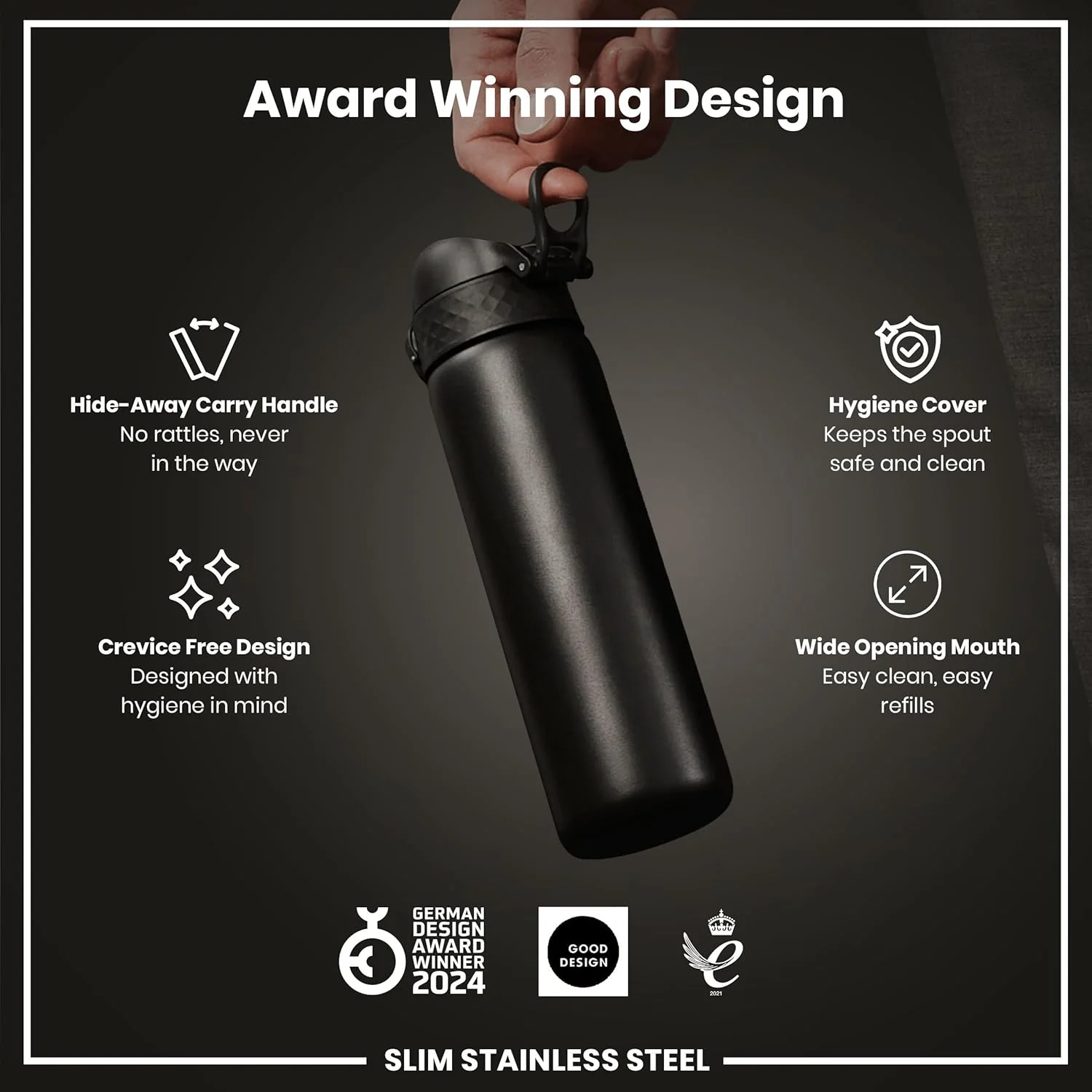 Slim Lightweight Steel Water Bottle 600 ml/20 oz Black - Image 8