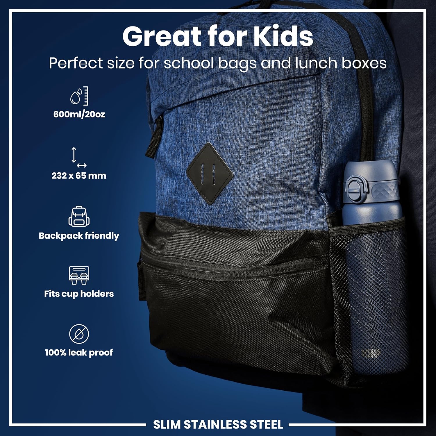 Slim Lightweight Steel Water Bottle 600 ml/20 oz Navy Blue - Image 4