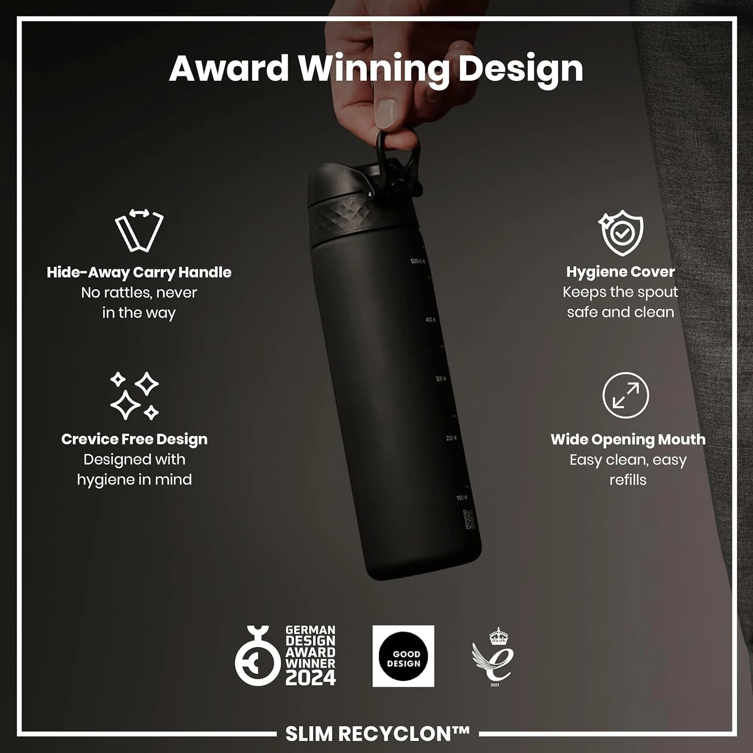 Slim Water Bottle 500 ml/18 oz Black - Image 8